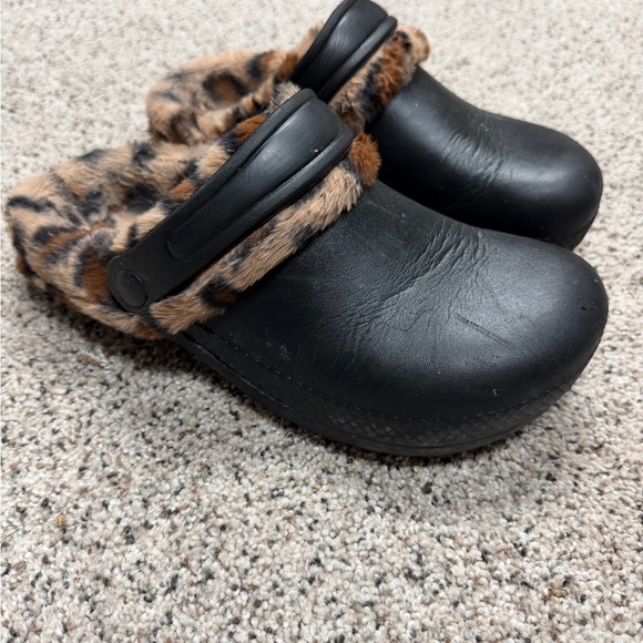 Shoes - Black Clogs with Leopard Print Trim